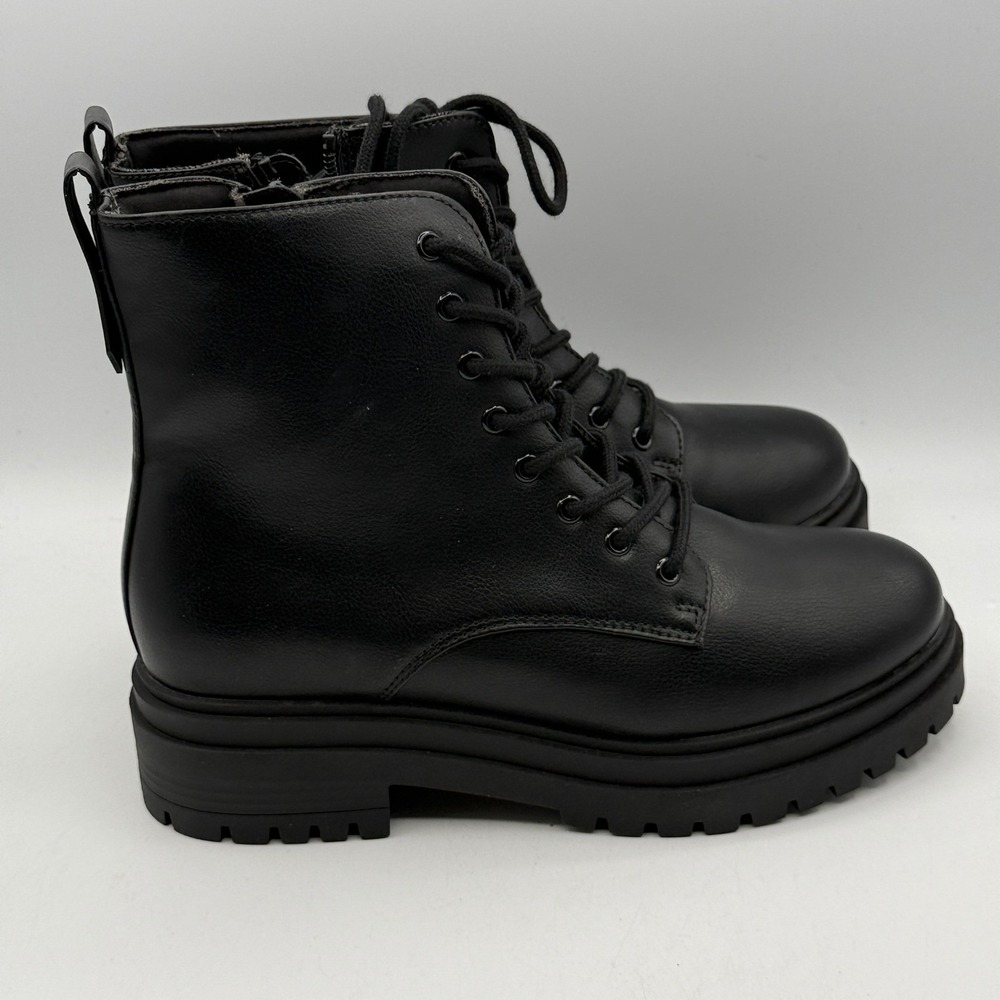 SO Meelaa Combat Boots Black Women Size 8.5 Lace Up Side Zip Lug Memory Foam
